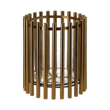 Martina small candle holder gold-toned metal with vertical rods and clear glass base perfect for small candles