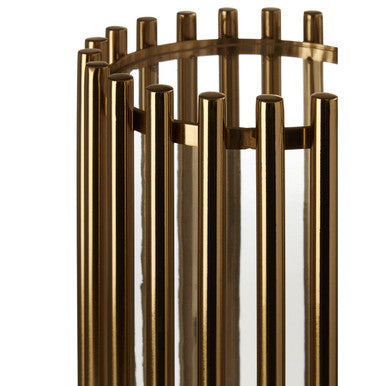 Golden metallic small candle holder with cylindrical shape vertical bars and horizontal bands for small candle use