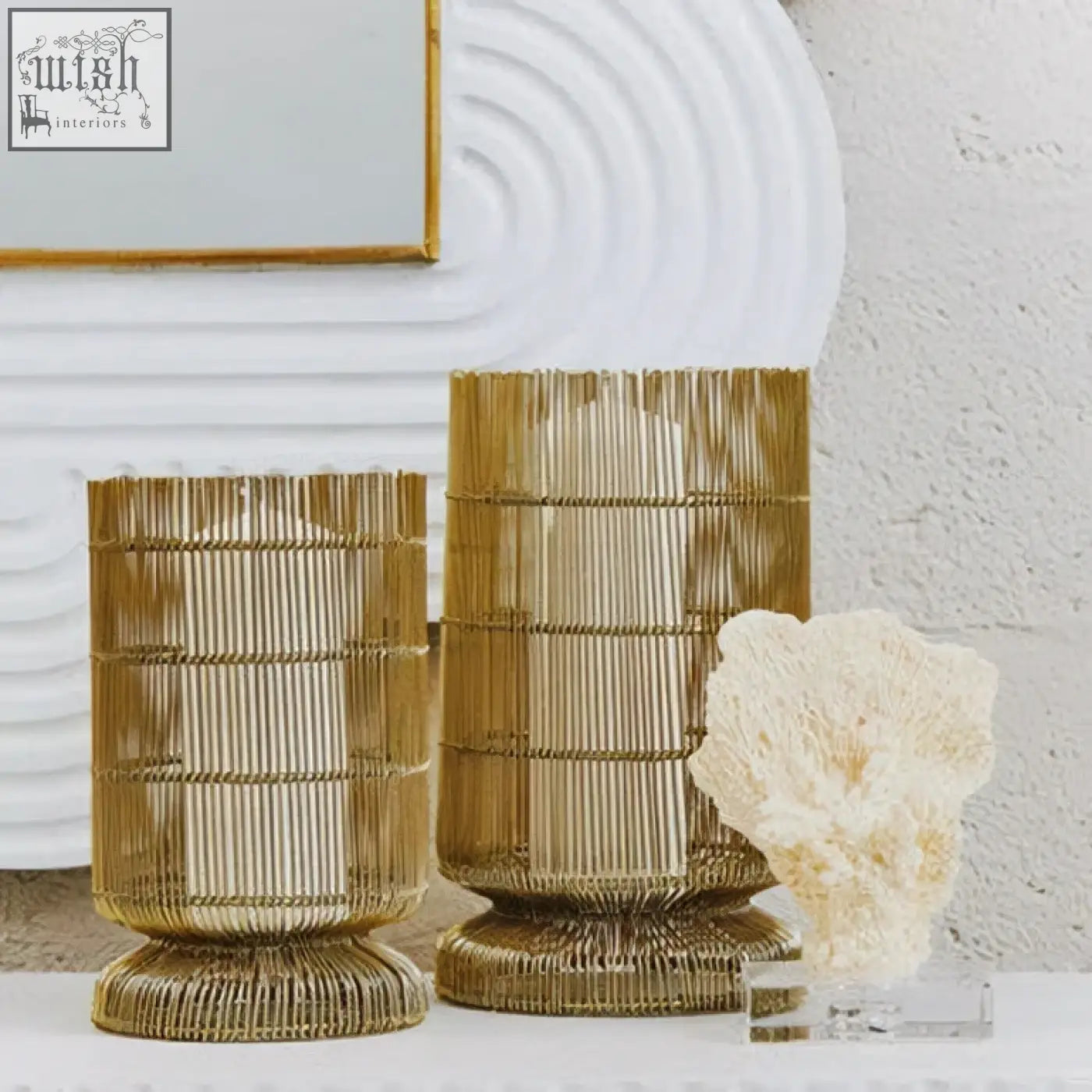 Gold-toned martina small wire candle holder with woven ribbed texture and flared base wire candle holder design