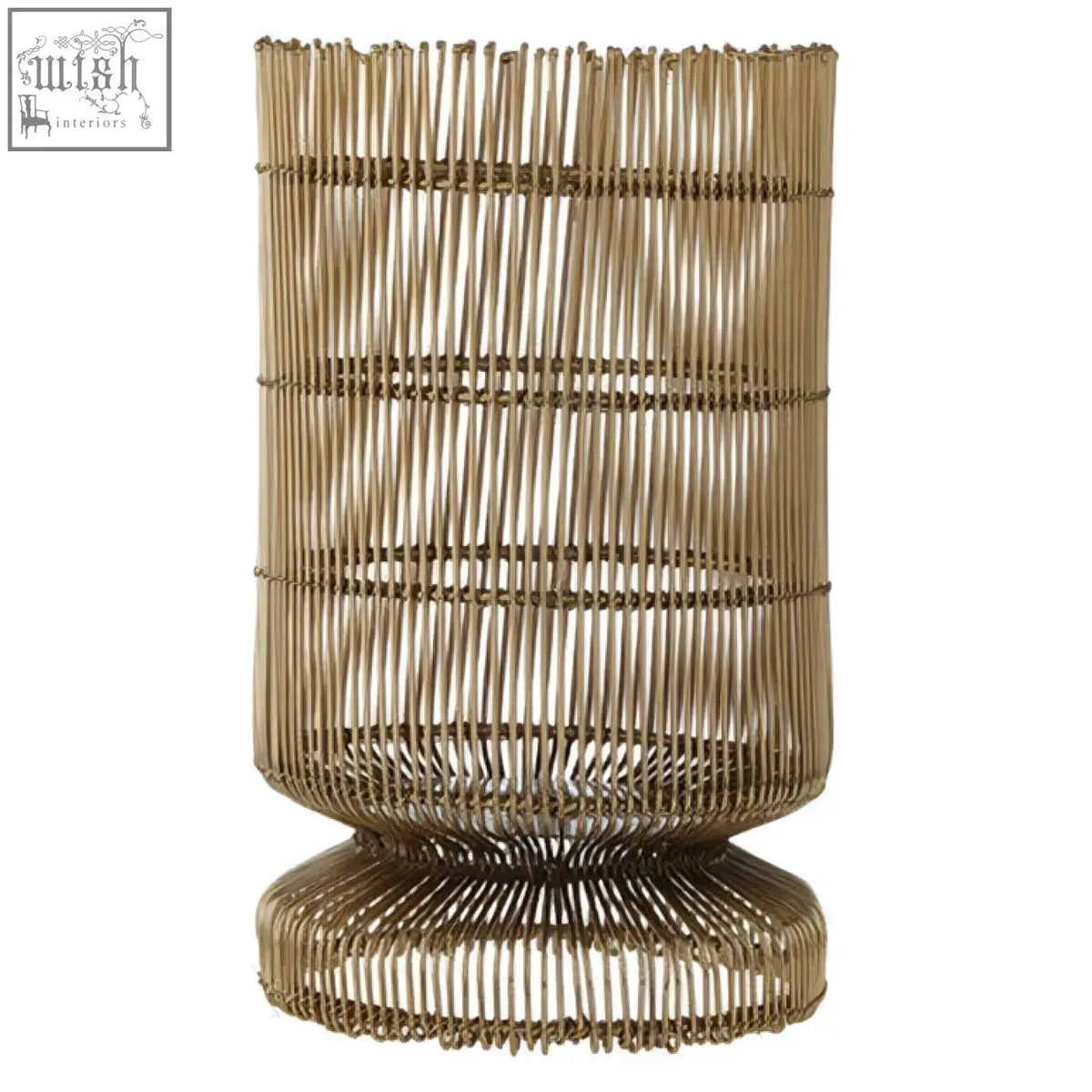 Golden-toned cylindrical woven wire candle holder with flared base and tiered bands for stylish candle display