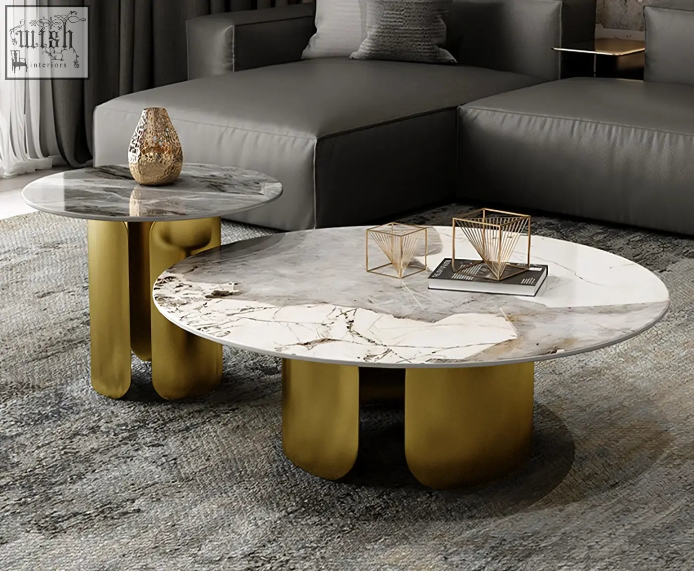 Modern nesting coffee table with white marble sintered stone top and gold finished cylindrical legs