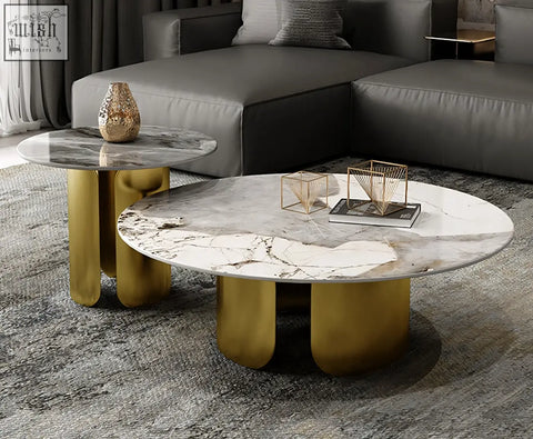 Modern nesting coffee table with white marble sintered stone top and gold finished cylindrical legs