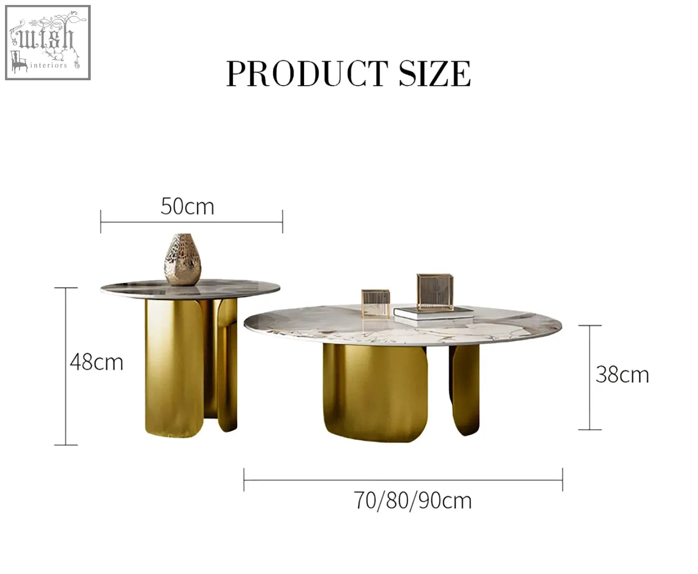 Modern nesting coffee table set with gold cylindrical legs and white or gray veined sintered stone tops in 3 sizes
