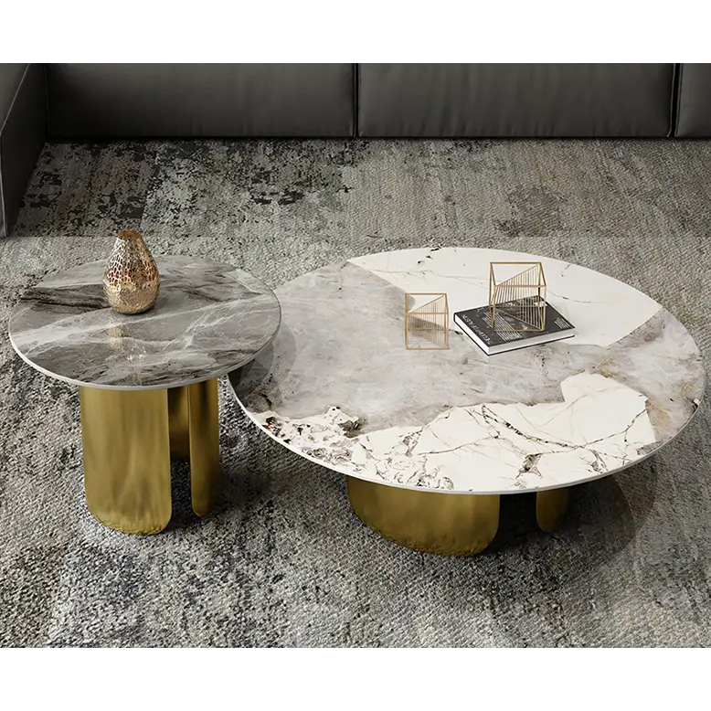 Maru Nesting Coffee Table Set Sintered Stone Top With Gold Base
