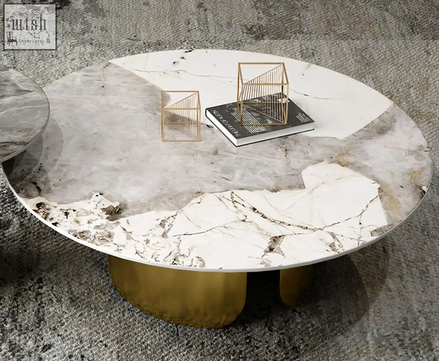 Round nesting coffee table with white and gray marble top and gold-toned metal legs maru nesting coffee table set
