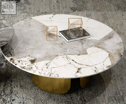 Round nesting coffee table with white and gray marble top and gold-toned metal legs maru nesting coffee table set