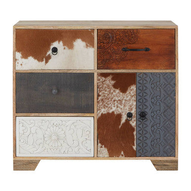 Rustic marwar tall sideboard with four drawers in cowhide, carved wood, and stained wood patchwork design