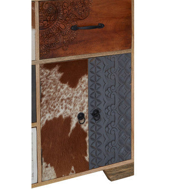 Rustic marwar tall sideboard with four drawers featuring wood, carved top, cowhide, and textured metal panels