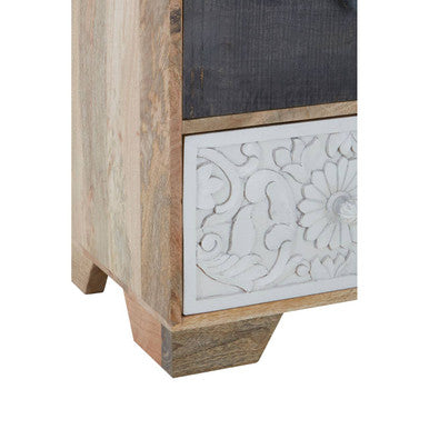 Rustic wooden marwar tall sideboard with dark chalkboard panel and ornate white carved drawer front