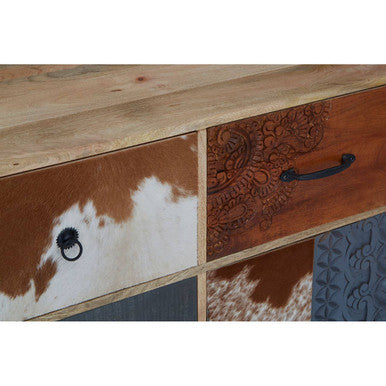 Rustic wooden marwar tall sideboard with four drawers featuring cowhide, embossed leather, and black metal handles