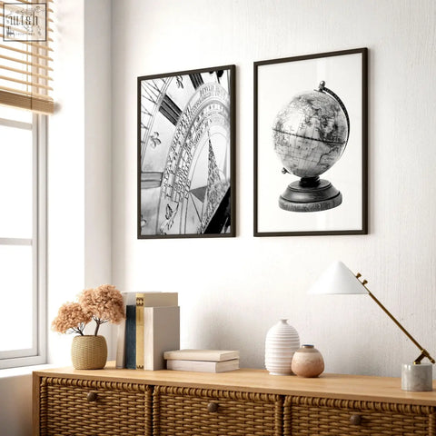Black-framed masculine wall art featuring vintage sundial and antique globe black and white art prints set of 2