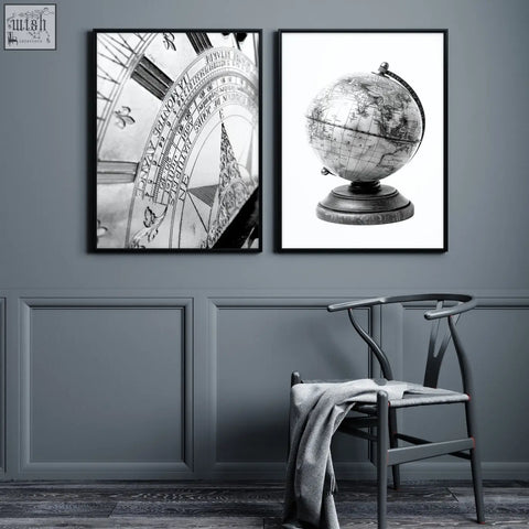 Black-framed masculine wall art set of 2 black and white vintage sundial and antique globe prints