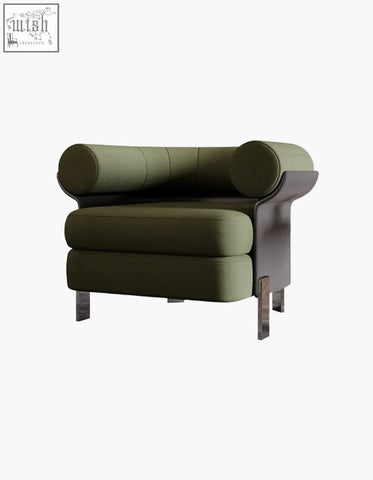 Olive green mason armchair with boucle fabric upholstery, rolled arms, and metallic legs perfect for living spaces