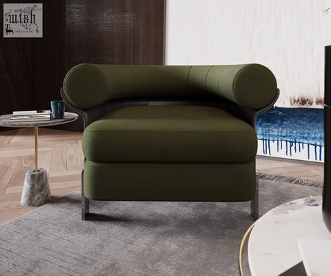 Mason armchair green with olive boucle fabric upholstery, rolled arms, and dark metallic legs for cozy living spaces
