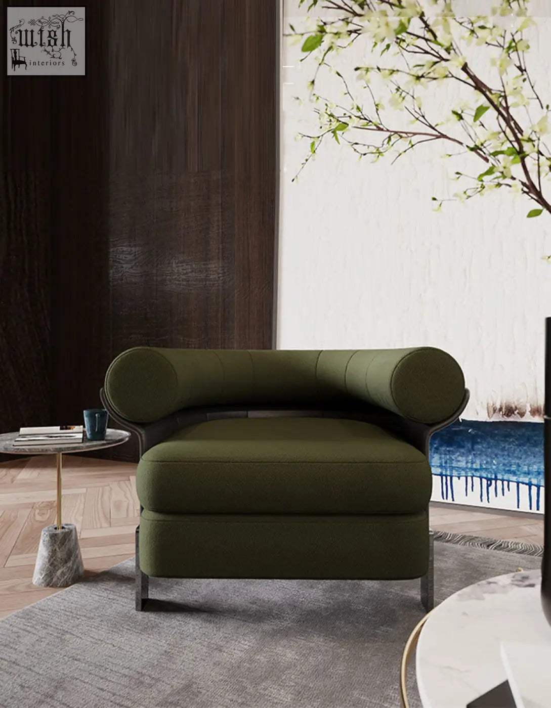Mason armchair green with olive boucle fabric upholstery rolled arms and sleek metallic legs for stylish living spaces