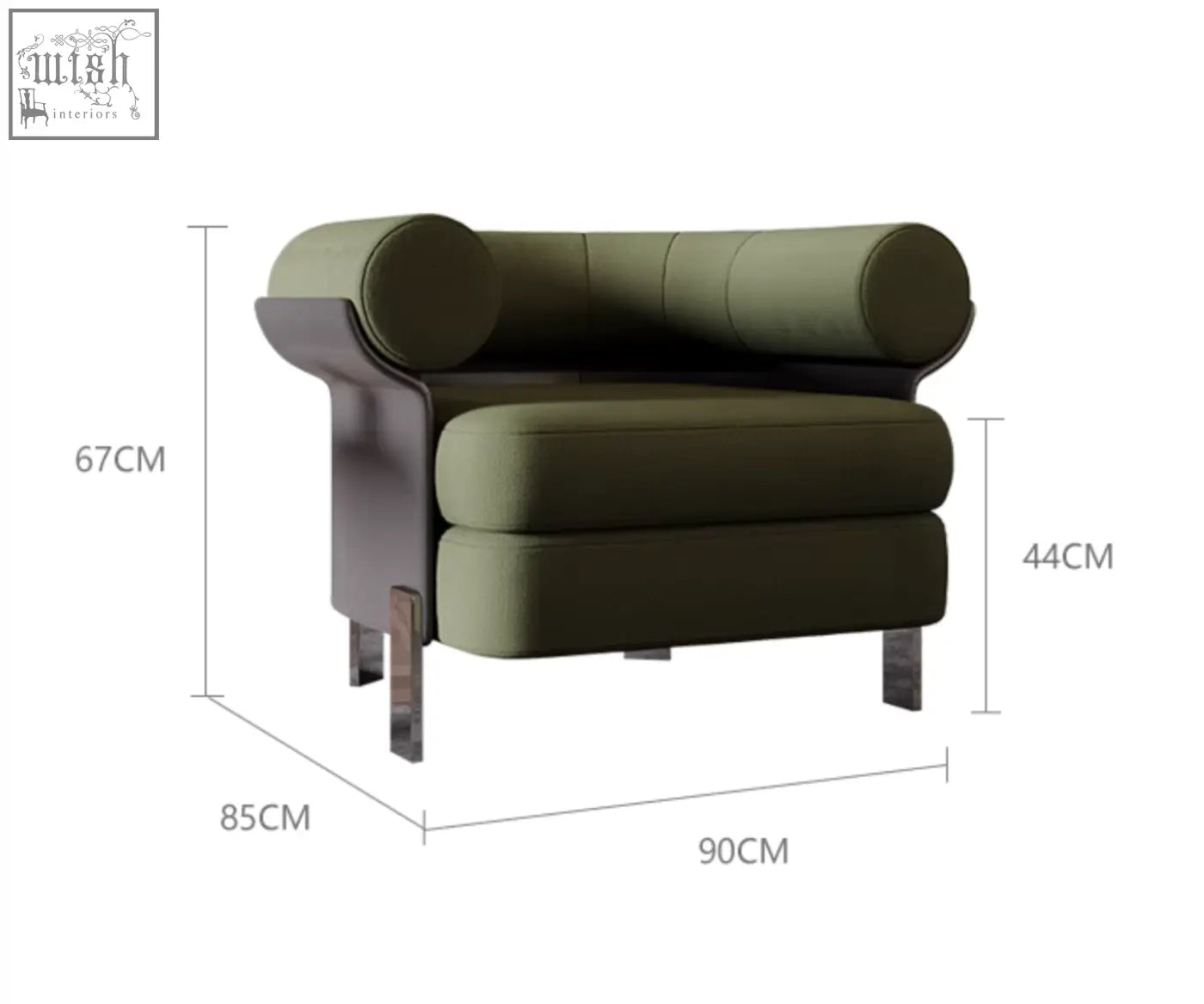Mason armchair in olive green with boucle fabric cushioned seat and sleek metallic legs perfect for living spaces