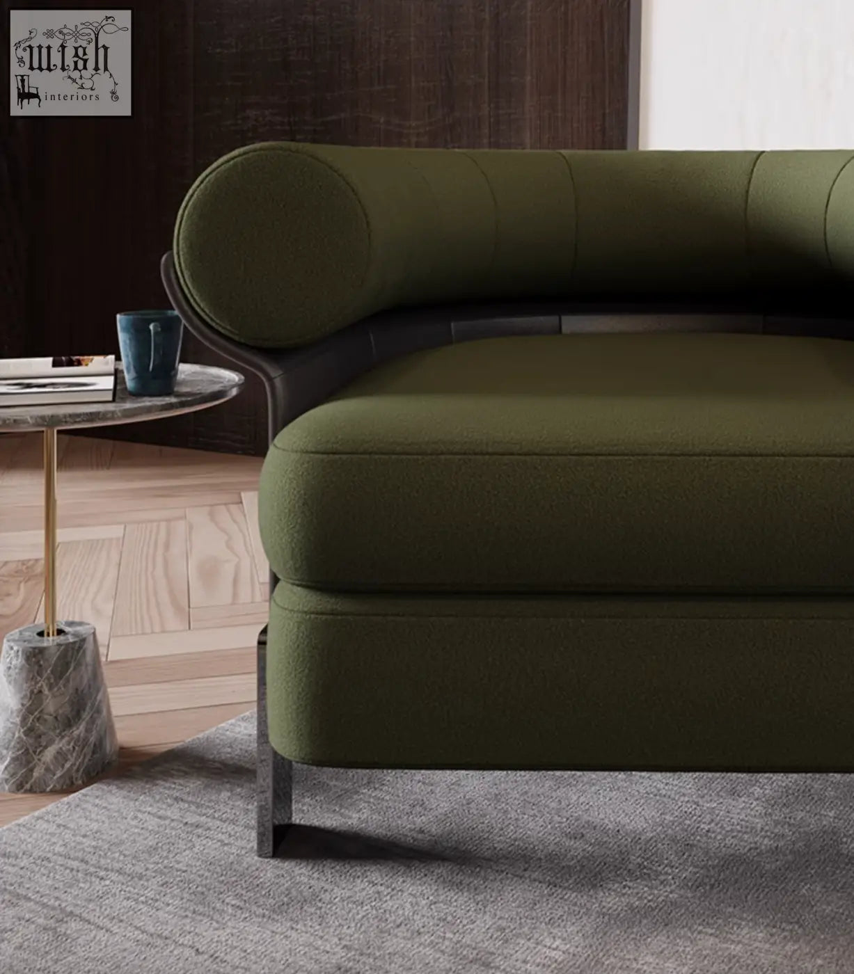 Mason armchair in olive green upholstery with tufted backrest and metallic legs perfect for stylish living spaces