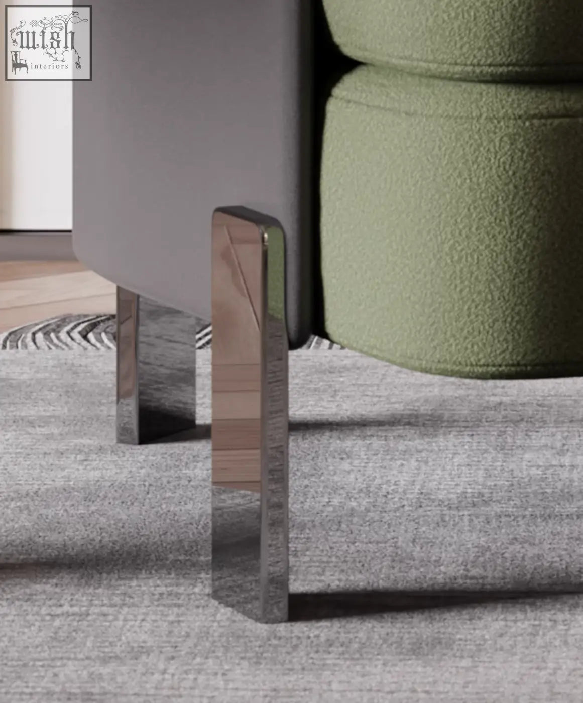Close up of metallic legs on the green mason armchair with boucle fabric perfect for stylish living spaces