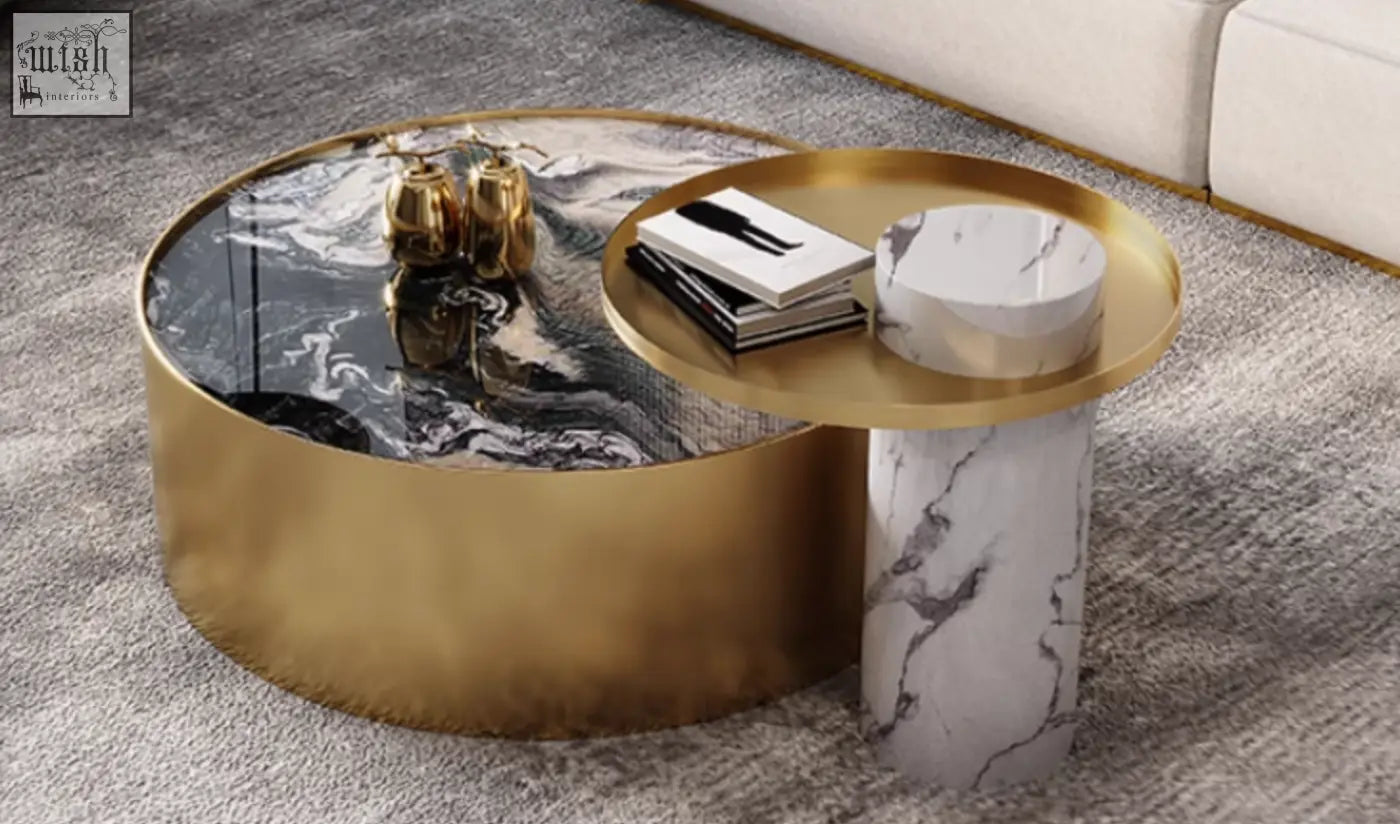 Gold-finished coffee table with black and white marble top and matching cylindrical base in mason marble coffee table set