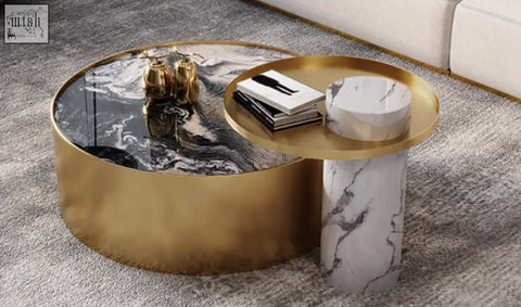 Gold-finished coffee table with black and white marble top and matching cylindrical base in mason marble coffee table set