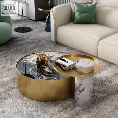 Mason marble coffee table set with gold finish circular coffee table and black and white marble top with matching side table