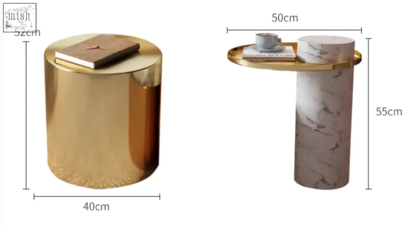 Gold-finished cylindrical side table with marble coffee table top and shelf 52cm high 40cm diameter mason marble coffee table set