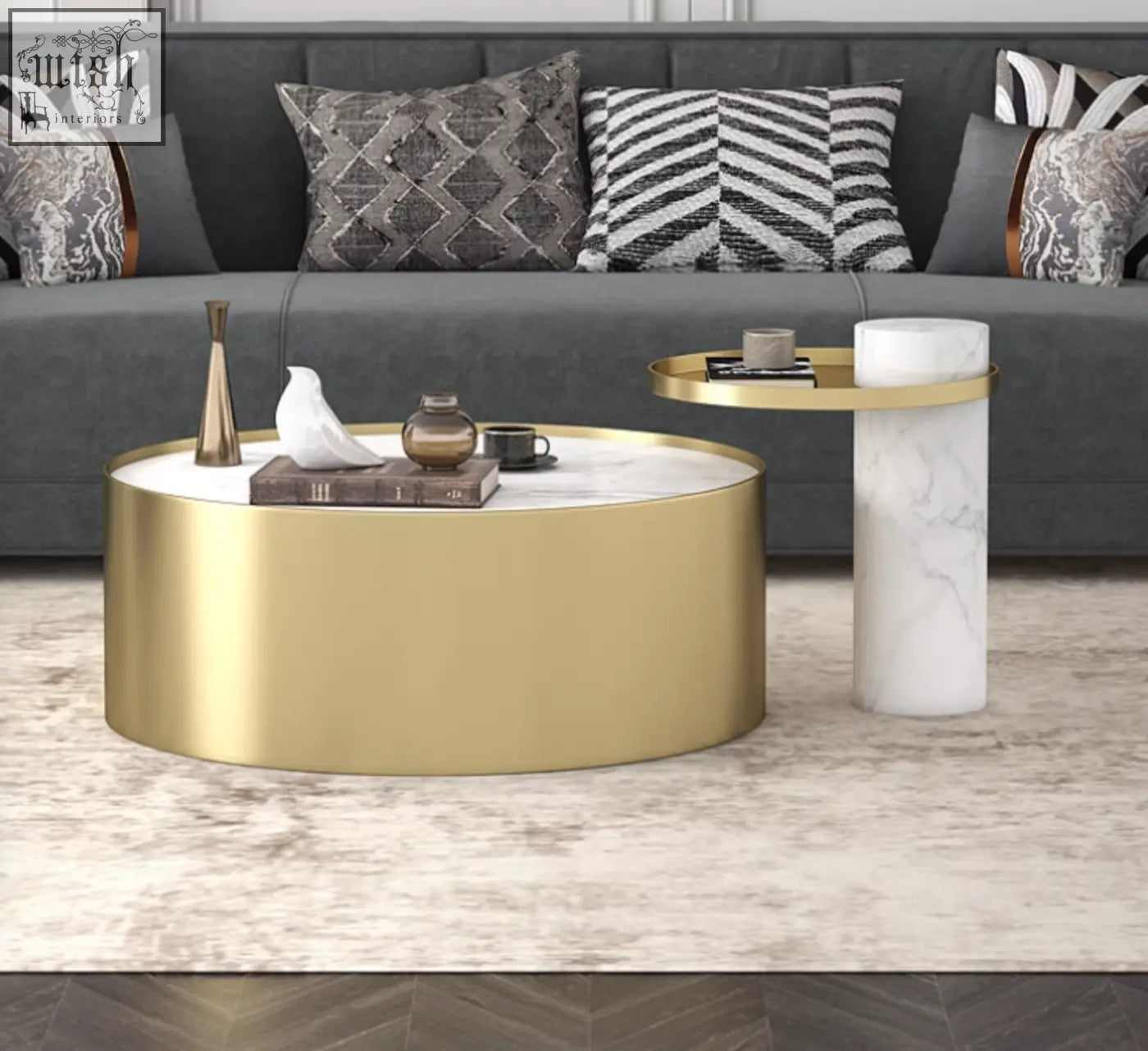 Gold-finished cylindrical coffee table with white marble top perfect as a stylish marble coffee table centerpiece
