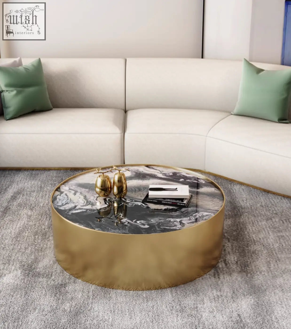 Gold finished round coffee table with black and white marble coffee top from mason marble coffee table set