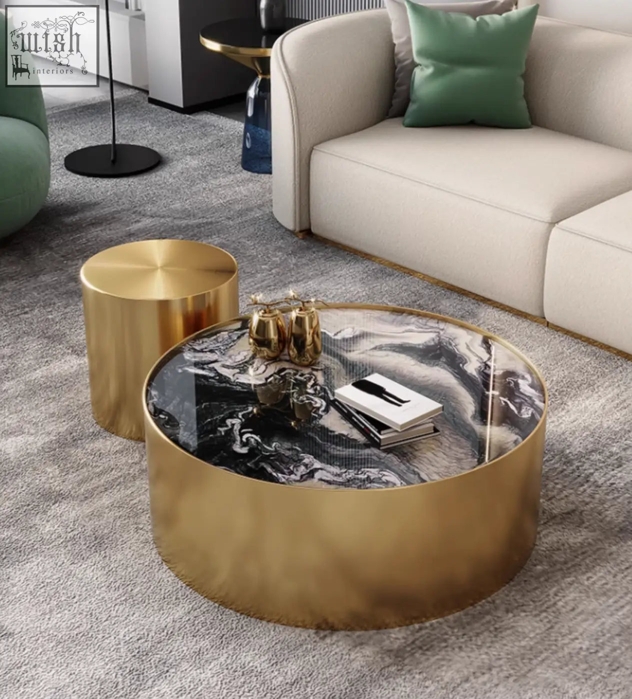 Gold finished round coffee table with black and white marble coffee top from mason marble coffee table set