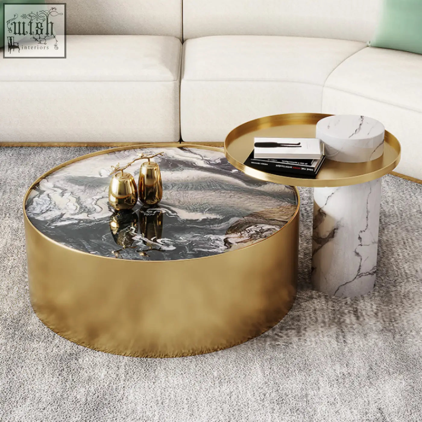 Gold finished round coffee table with black and white marble top perfect as a stylish marble coffee table centerpiece