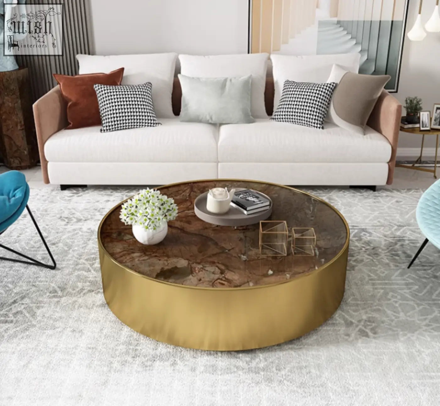 Gold finished round marble coffee table with brown marble top perfect for stylish living room decor