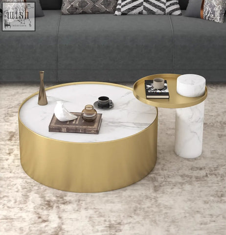 Gold finished round marble coffee table with white marble top and matching cylindrical side table set