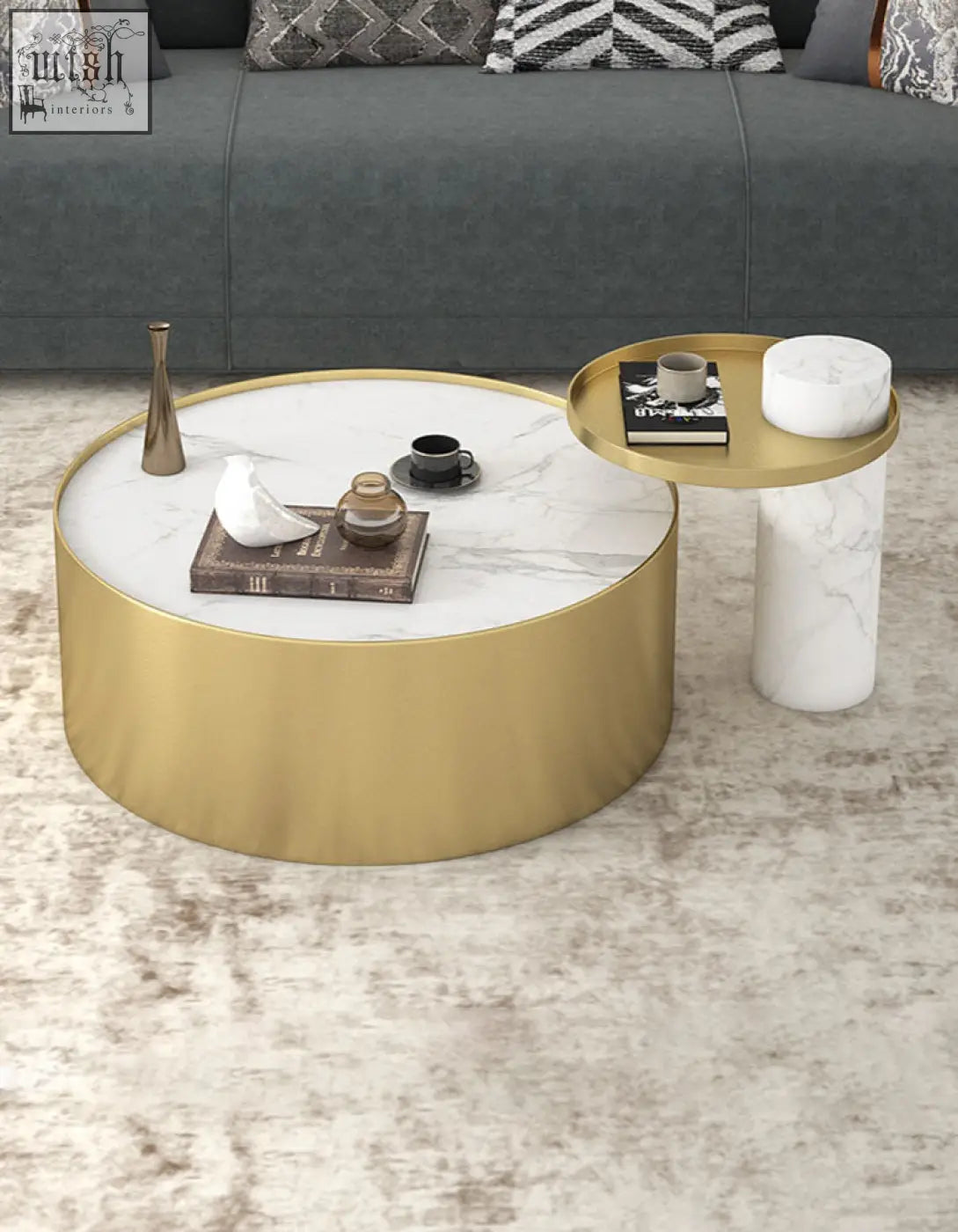 Gold finished round coffee table set with white marble top and matching side table perfect marble coffee centerpiece