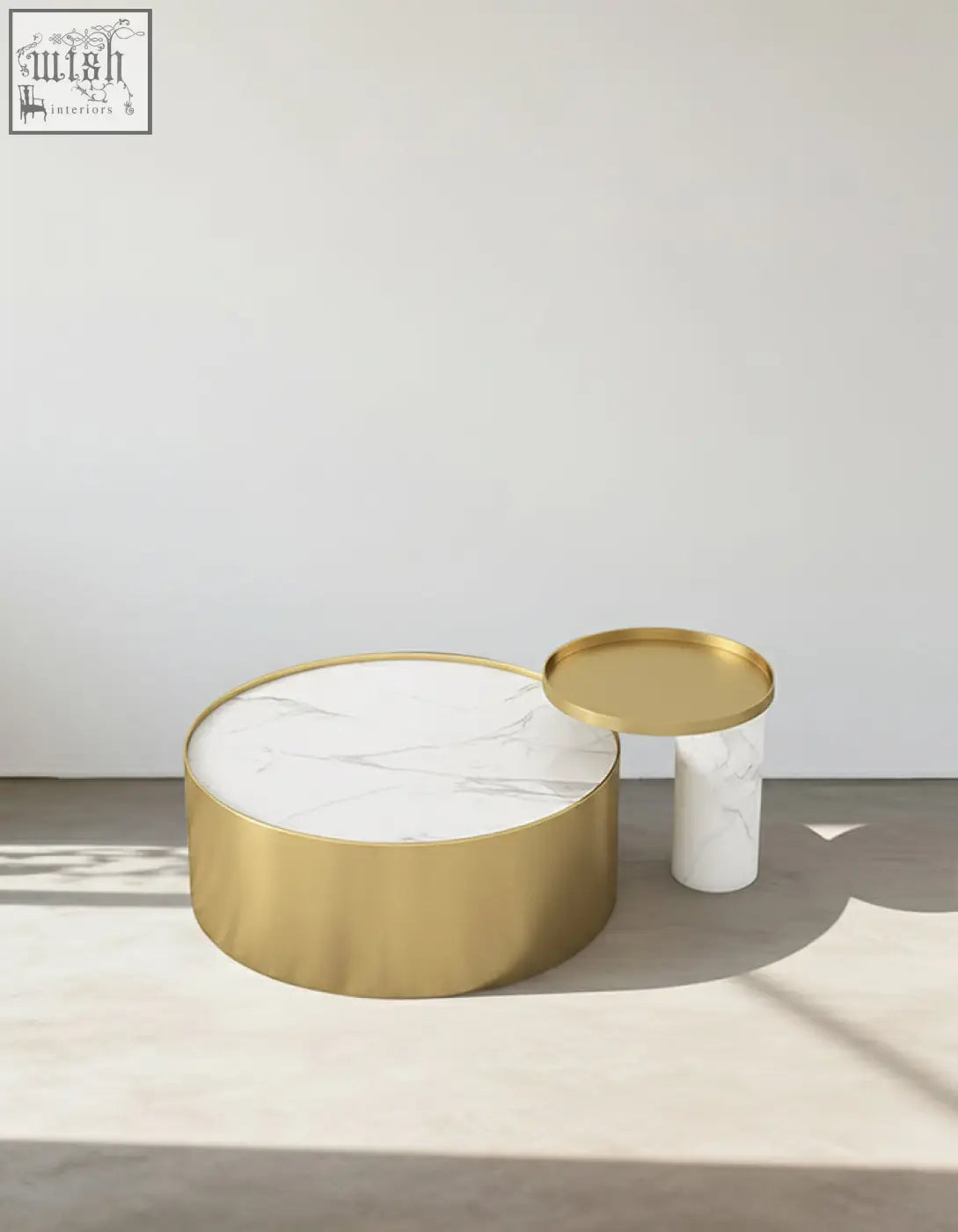 Gold-framed circular coffee table with white marble top and matching pedestal side table marble coffee set