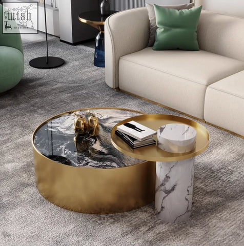 Mason marble coffee table set with gold and white marble two-tier modern marble coffee table design