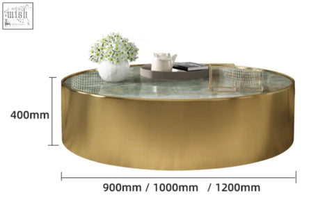 A sleek mason marble coffee table with a polished gold frame and translucent green glass top perfect for modern spaces