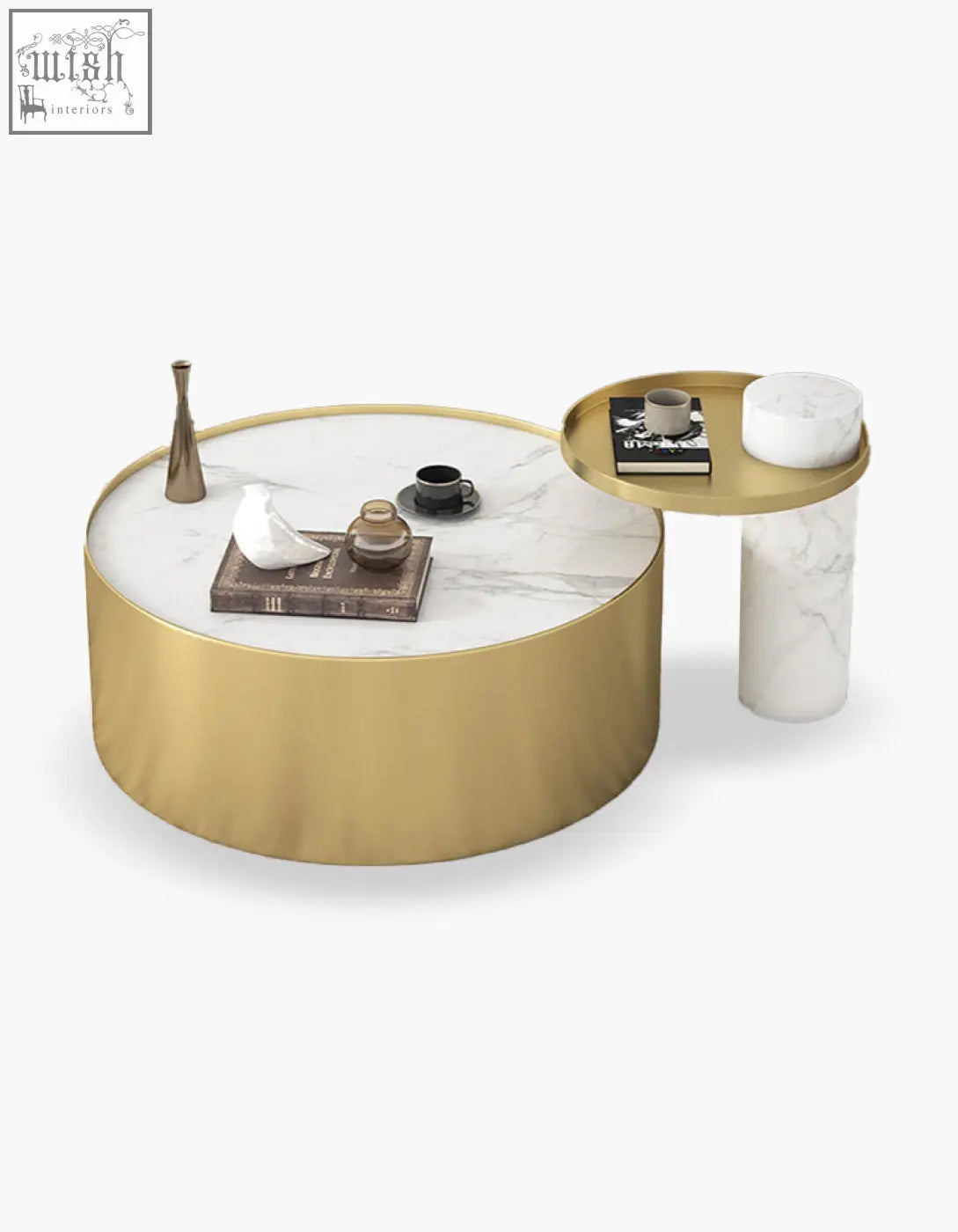 Modern gold finished coffee table set with white marble top featuring a marble coffee and matching side table