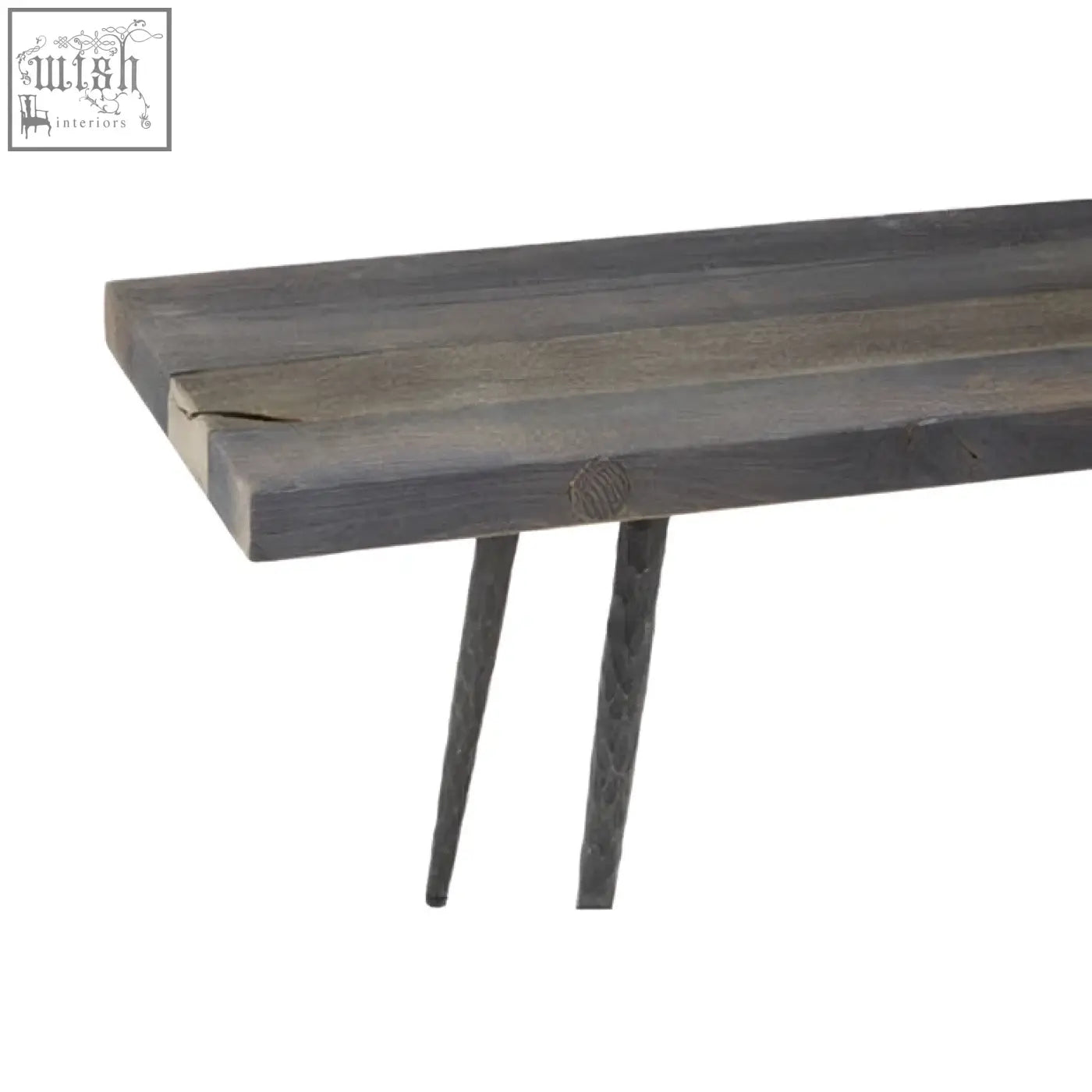 Dark gray rustic oak wood bench with slender metal legs perfect for indoor or outdoor seating