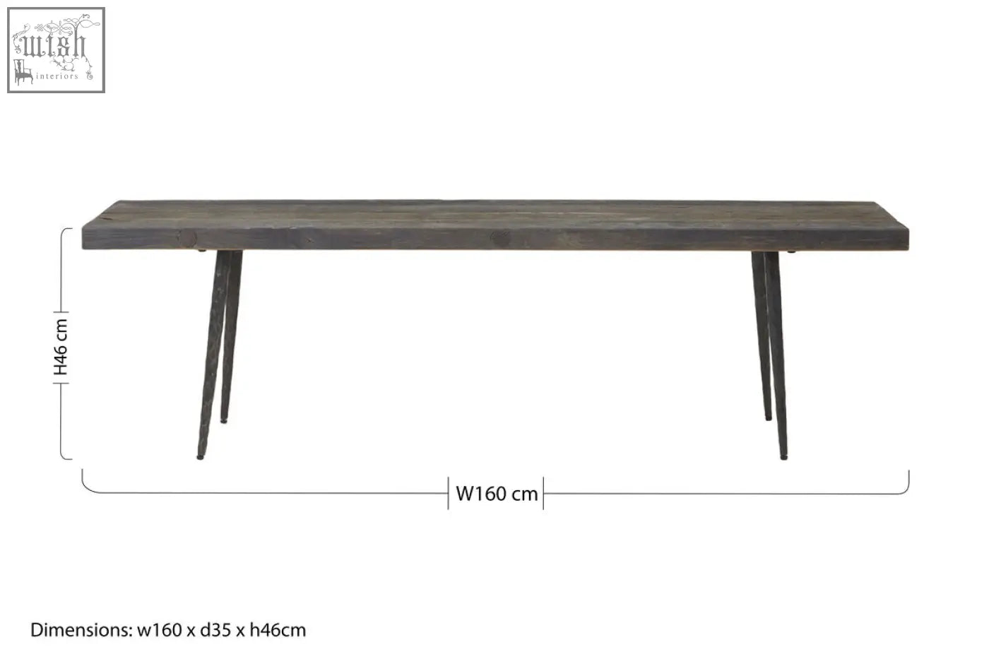 Dark gray rustic oak wood bench with slender black metal legs perfect for indoor or outdoor seating
