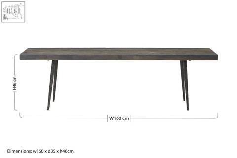 Dark gray rustic oak wood bench with slender black metal legs perfect for indoor or outdoor seating