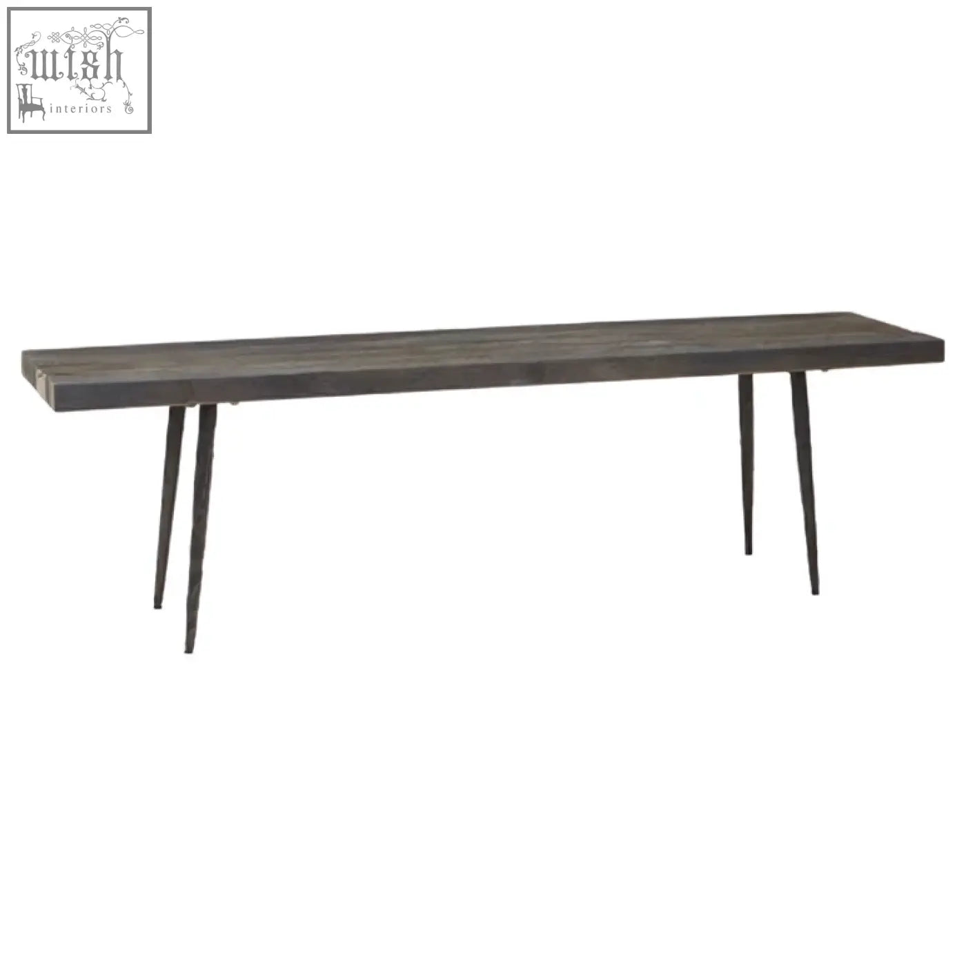 Dark gray wood bench with slender black metal legs made from oak wood for stylish seating and storage