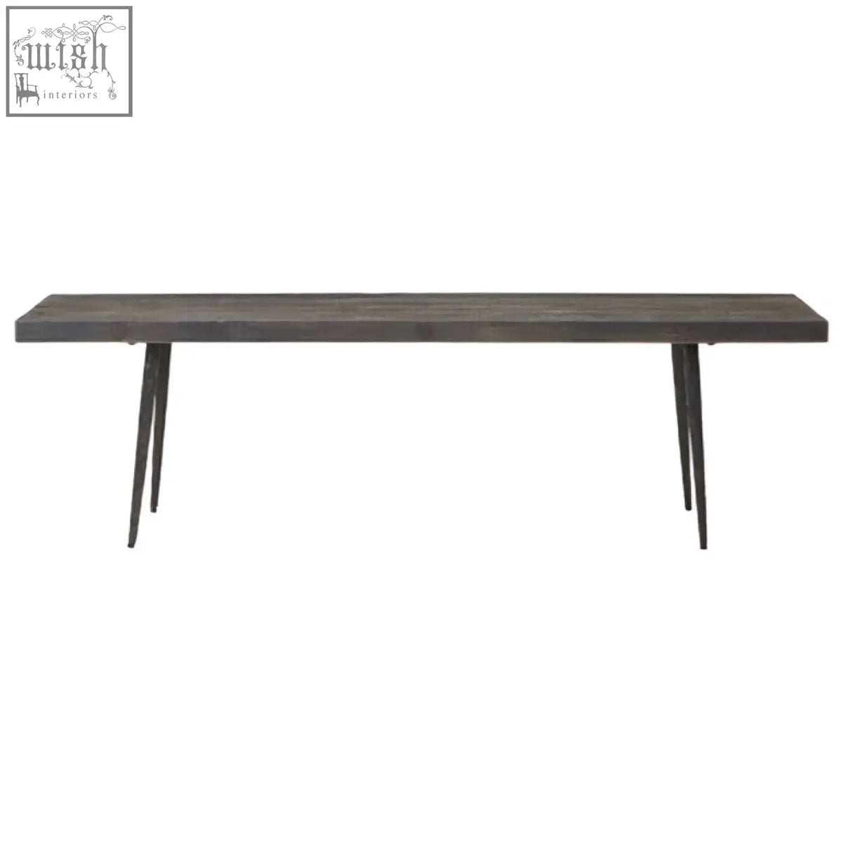 Dark gray oak wood bench with slender tapered metal legs perfect as a stylish wood bench for dining areas