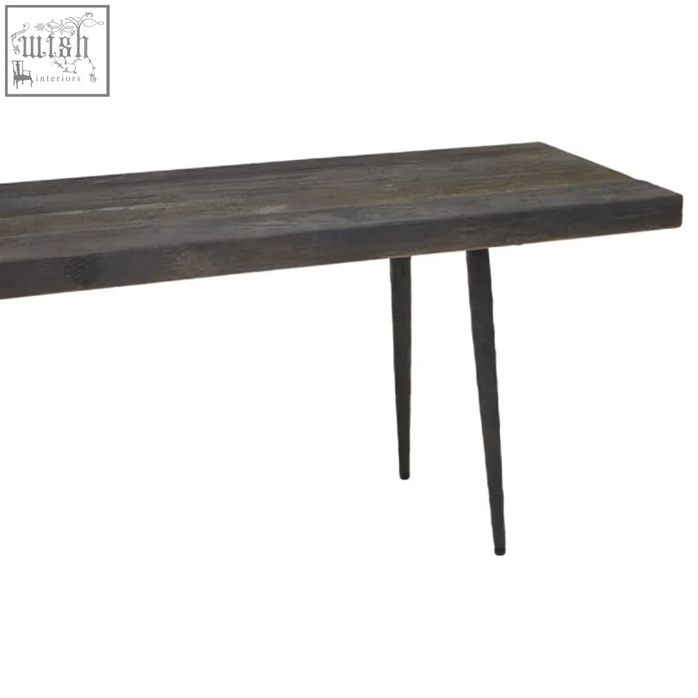 Dark-stained oak wood bench with slender tapered metal legs for stylish and sturdy seating use