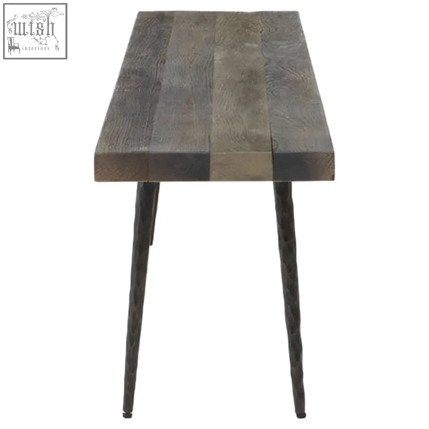 Rustic mason old oak wood bench with dark weathered oak wood finish and slender black metal legs wood bench