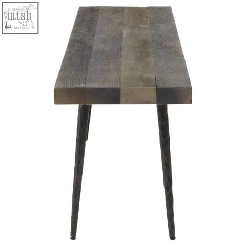 Rustic mason old oak wood bench with dark weathered oak wood finish and slender black metal legs wood bench