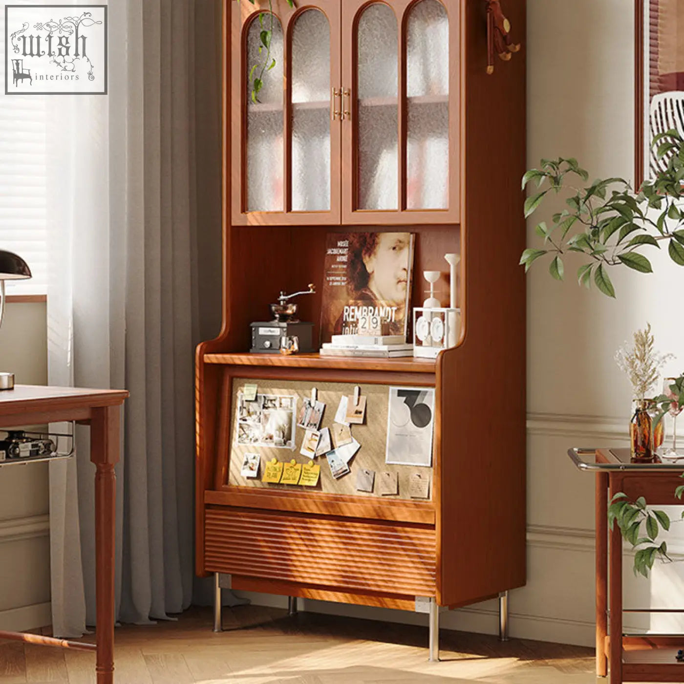 Warm brown cherry wood mason tall sideboard with arched glass doors and lower display panel for photos and notes
