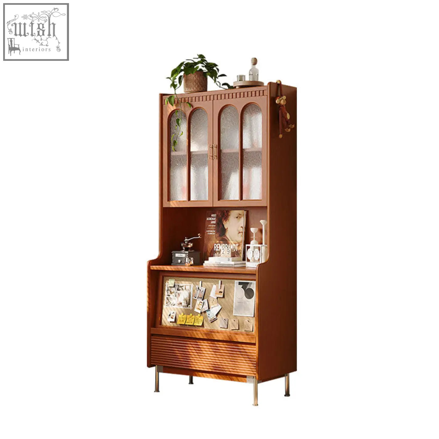Warm brown cherry wood mason tall sideboard with arched glass doors and corkboard lower section display cabinet