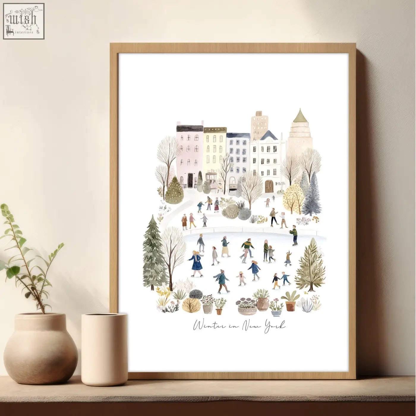 Framed winter in new york wall art print with watercolor snowy streets and ice skating for master bedroom art above bed
