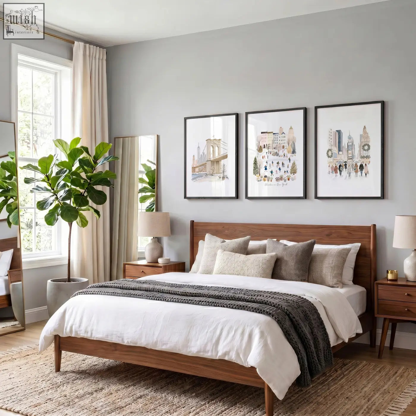 Wooden bed with dark brown finish and matching nightstands with white bedding and master bedroom art wall art prints above bed