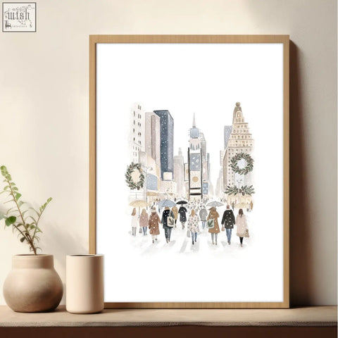 A framed winter in new york wall art print of a snowy city street with umbrellas perfect for master bedroom art